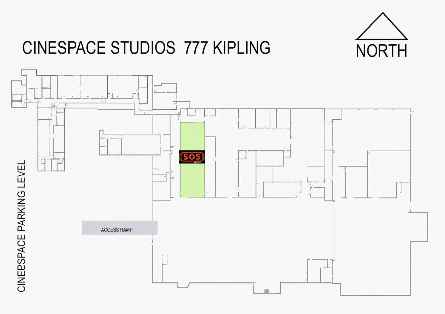 Floor plan of the 777 Kipling parking level with the SOS Depot unit highlighted next to the access ramp