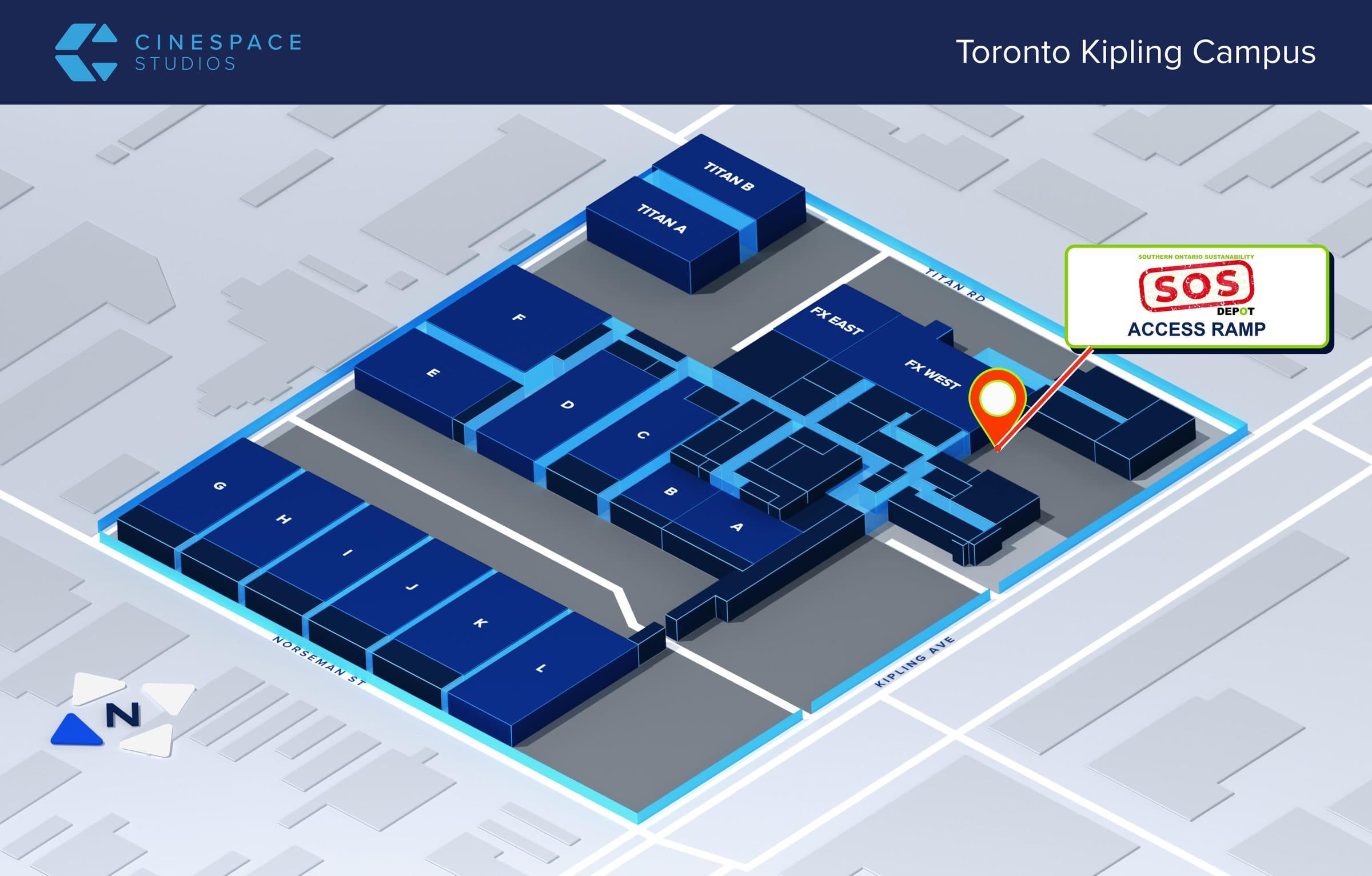 Cinespace Studios Toronto Kipling Campus map with the SOS Depot access ramp marked off Kipling Ave